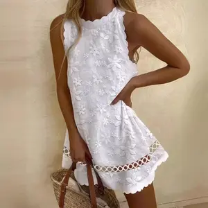 2025 Summer Stylish Loose round Neck Lace Sleeveless Vest Dress Floral Print Lace Tie Front Maxi Dress Casual White Womenswear Adjustable Elegance Style Basic Minimalist