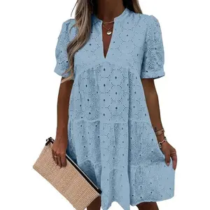 Womens Summer Lace Dresses Eyelet Casual Flowy Babydoll Swing Short Sleeve V Neck Tunic Dress