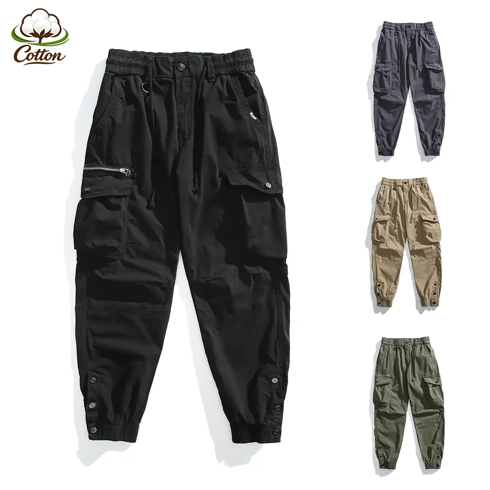 Utility Multi Zip Pocket Cotton Jogger Cargo Pants, Adjustable Drawcord Button Hem Work Trousers - Breathable 4 Tone Mens Outdoor Camping Travel Minimalist Casual Daily Bottoms