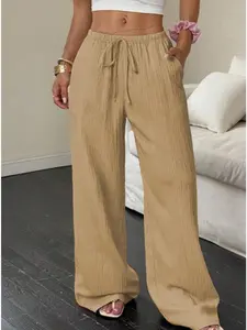 Plus Size Women Textured Drawstring Wide Leg Pants, High Waist Elastic Waist With Pocket Curvy Casual Commute Trousers