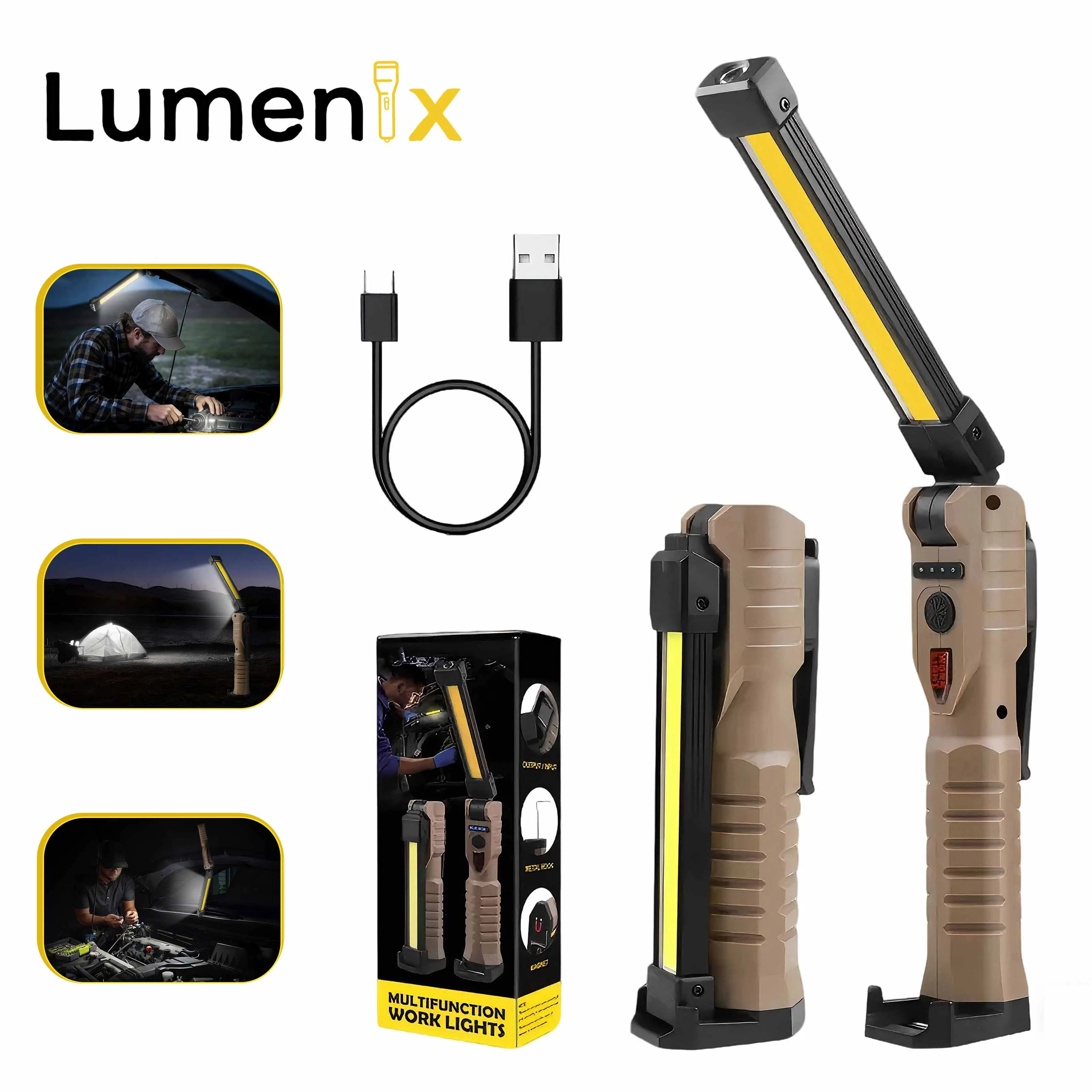 Rechargeable Flashlights, LED Work Lights with Magnetic Base & Hanging Hook, 180°Rotate, 5 Modes, Work Light Mechanic Flashlight, khaki DealsForYouDays outdoorfun