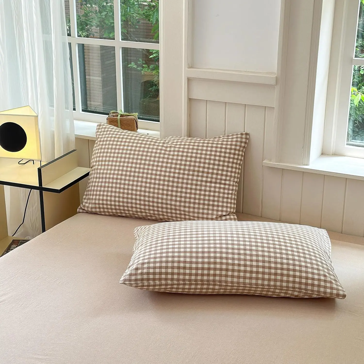 Gingham Pillowcases Set Farmhouse Bedding King Size Pillow Shams Buffalo Taupe Plaid Set of 2, Grid Checkered Washed Cotton Pillow Covers with Envelope Closure, 20"×36"