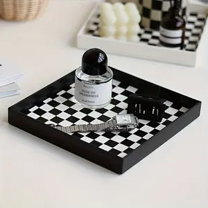 Fashionable Plaid Desktop Storage Tray, Lipstick Skincare Makeup Perfume Organizer, Modern Style Desk Accessory