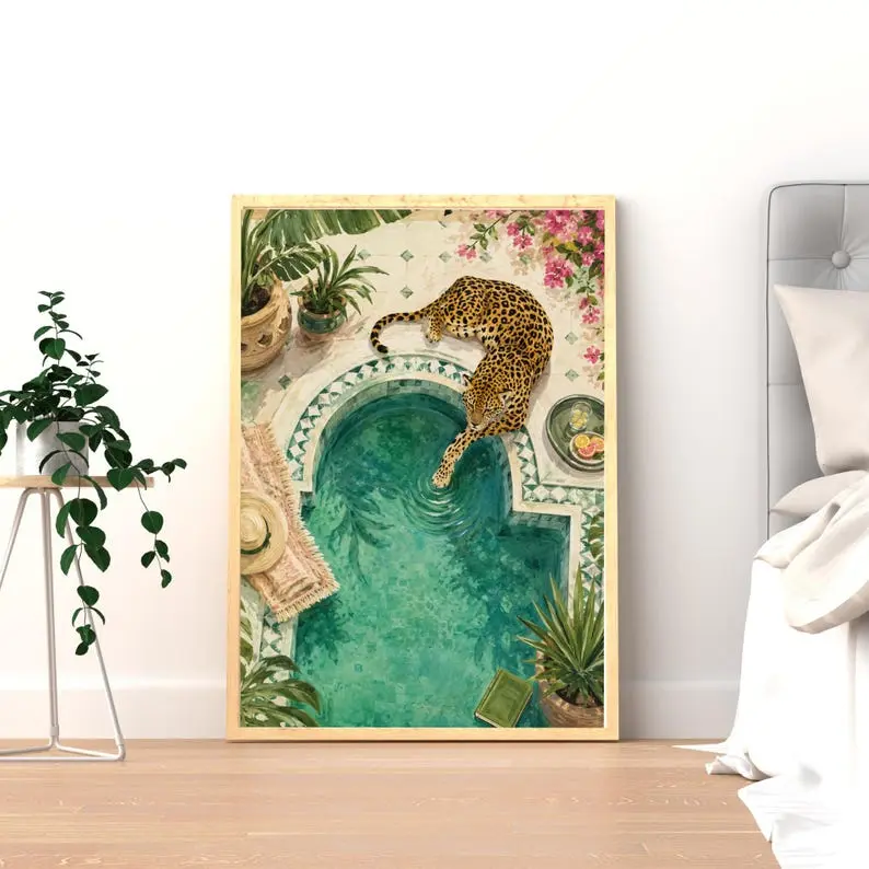 Old Money Style Leopard Wall Art, Boho Luxury Tropical Print Maximalist Home Decor