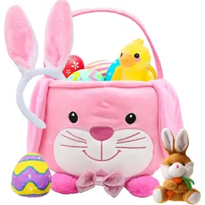 Bunny Easter Basket for Kids, Cute Basket Playset with Plush Keychains, Easter Gifts, Eggs Hunting Favor Supplies