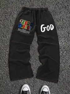 Men's Washed Cotton Long Pants with Jesus Print, Casual Fashion Joggers for Daily Wear, Comfortable and Stylish Men's Clothing