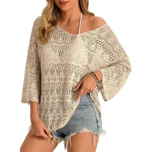 Saodimallsu Womens Crochet Cover Up Tops 3/4 Sleeve V Neck Summer Boho Knit Beach Coverups 2026 Resort Wear
