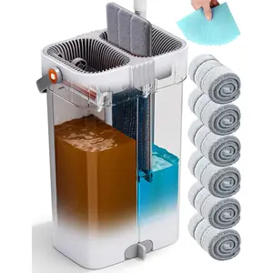 Large Mop and Bucket Set, Flat Mop and Bucket System, Wall Mop with Adjustable Handle (Max 70.87 Inches), Mops for Floor Cleaning, 6 Washable 15.74'' Microfiber Mop Pads