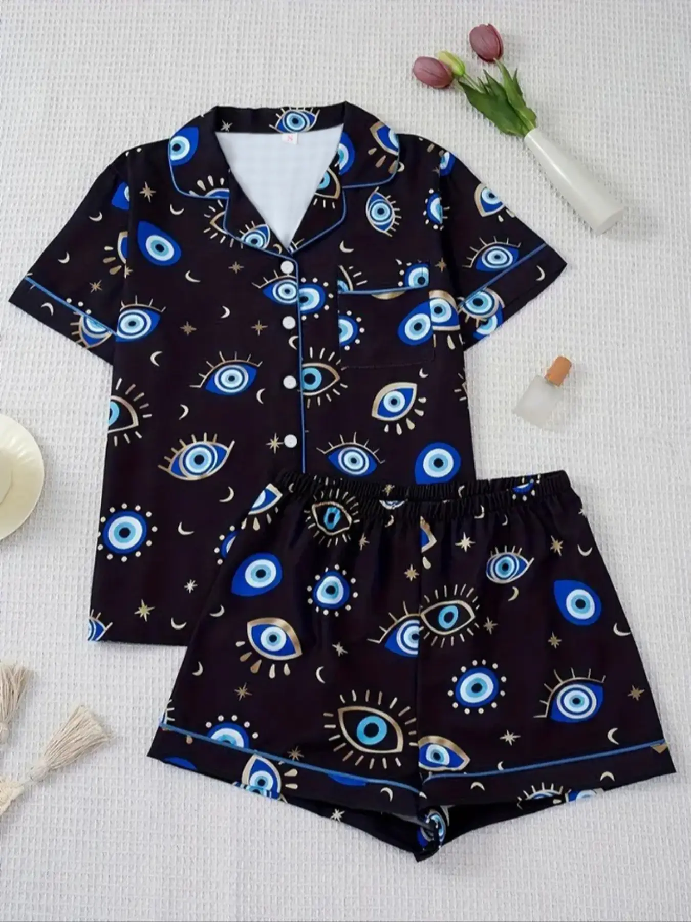 Women's Two-Piece Pajama Set, Casual Comfortable Short Sleeve Shirt with Pocket, Elastic Waist Shorts, All-Season Sleepwear