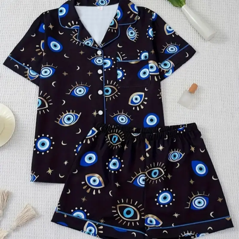 Women's Two-Piece Pajama Set, Casual Comfortable Short Sleeve Shirt with Pocket, Elastic Waist Shorts, All-Season Sleepwear, Print