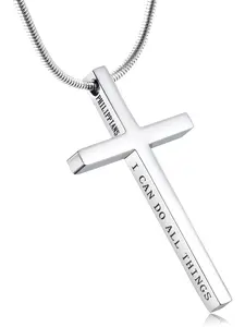 Sacred 1 Pc Silvery Cross Pendant Necklace Cool Stainless Steel Cuban Cross Necklace for Men Women Philippians 4:13 Cross Pendant Necklace Bible Verse Stainless Steel Necklace