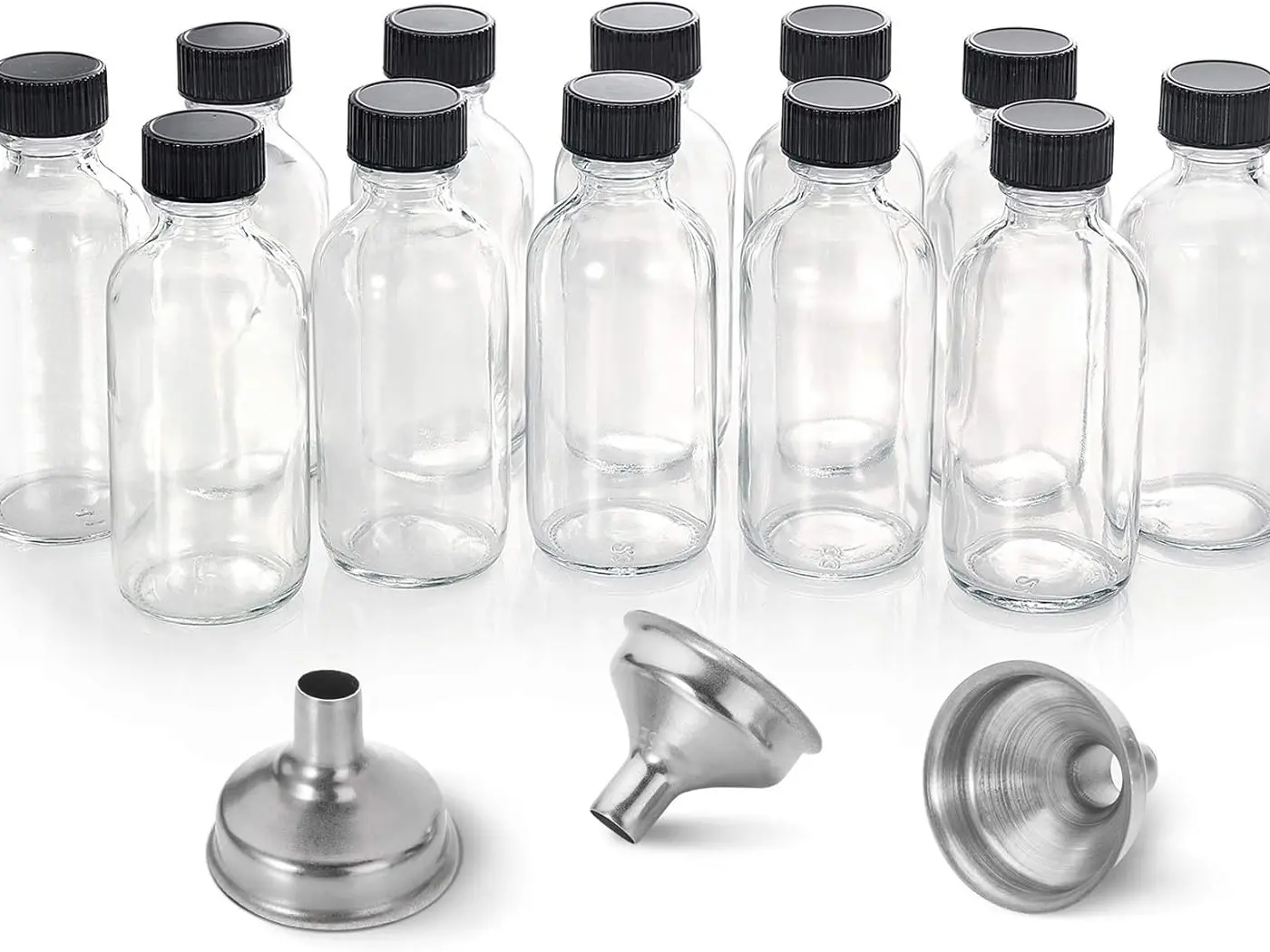 12 Pack, 2 oz Small Clear Glass Bottles w/Lid & 3 Funnels - 60ml Boston Shot Bottles for Health, Immunity, Potion, Wellness, Sample, Ginger, Juice - Mini Personal Care & Beauty Travel Bottle