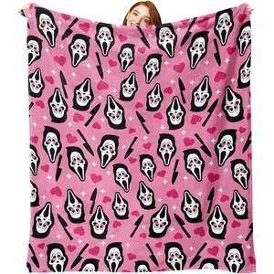 Pink Horror Flannel Throw Blanket, Funny for Kids Men Women, Romantic Love Heart Knife Soft Blankets for Bedding Sofa 50 x 60 Inches