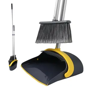 Broom and Dustpan Combo Set, Self-Cleaning with Dustpan Teeth, Pet Hair Removal Broom, Stand Up Broom and Dustpan, Long Handle Extendable to 52" Broom, Dark Grey