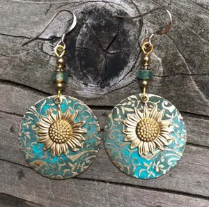 Bohemian Boho Sunflower Daisy Hook Earrings, Retro Double Layer Dangle Drop, Teal Color, Trendy Floral Design, Stylish Statement Jewelry for Women, Unique Vintage-Inspired Accessories, Perfect Gift for Boho Lovers, Elegant and Vibrant Fashion Earrings