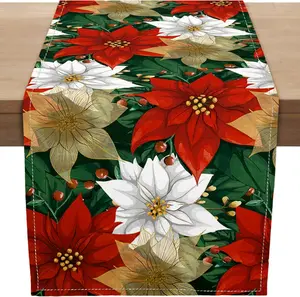 Christmas Red Gold Poinsettia Table Runner, Xmas Winter Small Burlap Table Runners Seasonal Holiday Kitchen Dinning Decor for Indoor Outdoor Home Wedding Party 13x72 Inch