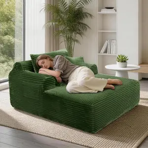 65" Oversized Corduroy Chaise Lounge – No Assembly, Boneless Chair with Deep Seat & 3 Pillows for Living Room, Bedroom Reading