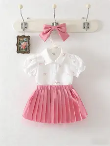 Baby Girls Summer Dress Set, Cute Bow Embroidered Bubble Sleeve Top + Academy Style Pleated Mesh Skirt, Toddler Fashion Trend, Baby Clothing