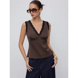 Cider Satin V-neck Lace Trim Ruched Tank Top SummerWins Dealsforyou