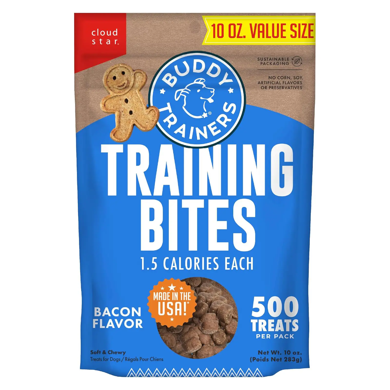 Buddy Biscuits Trainers Training Bites Soft & Chewy Dog Treats, Bacon, 10 oz. Pouch Made with Natural Pork Liver, Free of Corn, Soy, Or Artificial Flavors, Baked in the USA, Only 1.5 Calories Per Treat