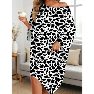 Plus-size Women's Nightgown Home Clothes T-shirt with Short Sleeves Cow Print Pajamas Nightdress Comfort Fit with Pockets