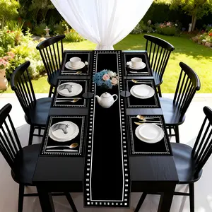 2D flat printing, Printed, 1/4/6/8/5/7 pieces set of table flags and placemats, Aesthetic black and white geometric line grid, suitable for daily use in home dining table decoration, indoor and outdoor gatherings and parties