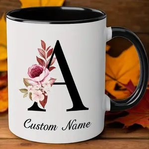 2026  Custom Floral Initial Cup - Personalized Name Mug, 11 Oz, White with Black Handle And Rim, an Ideal Present for Your Girlfriend Or Best Friend, Suitable for Christmas, Graduation, Or Party Occasions