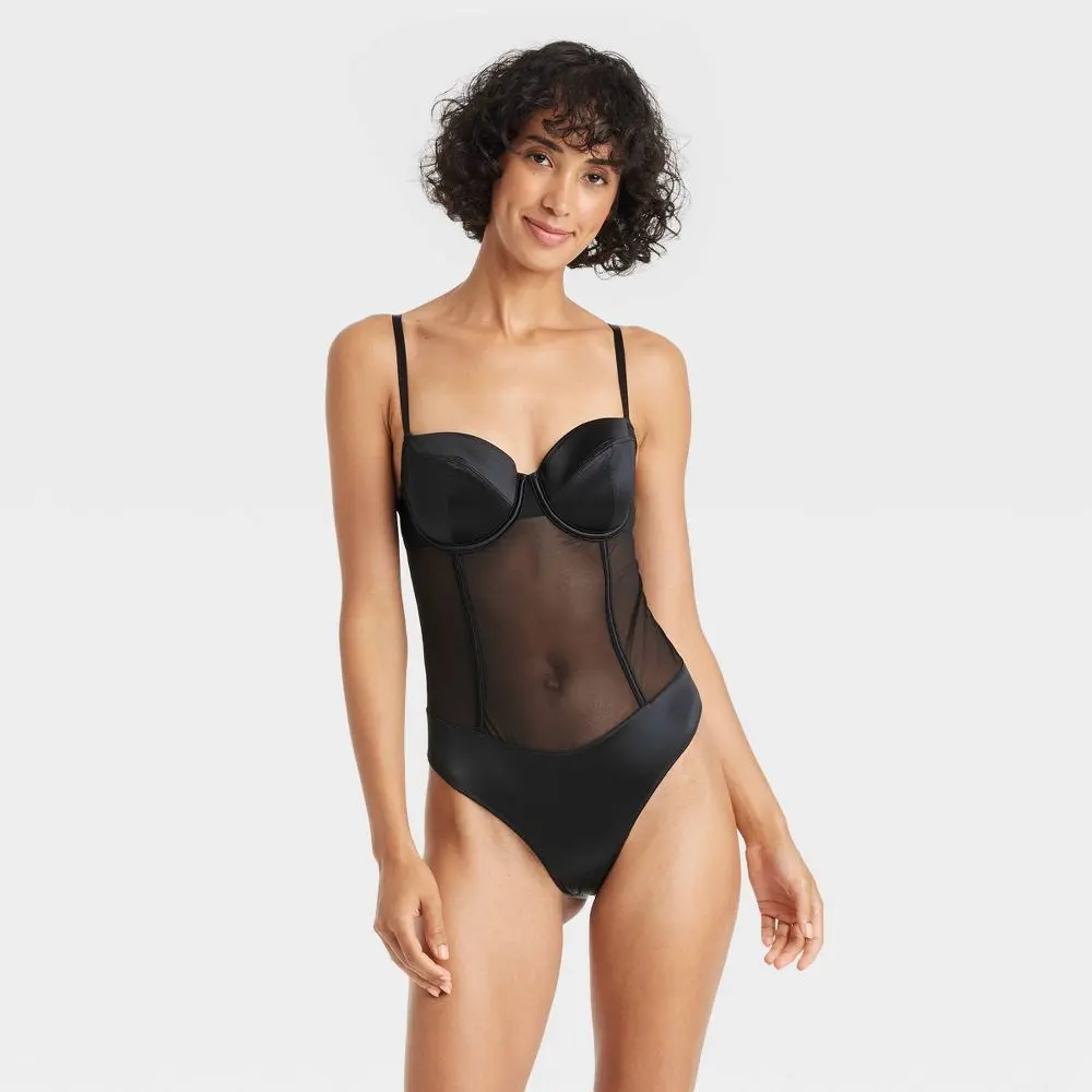 Auden Women's Satin-Nylon-Spandex Fabric Lingerie Bodysuit with Straps, Lightly Lined Mesh Garment