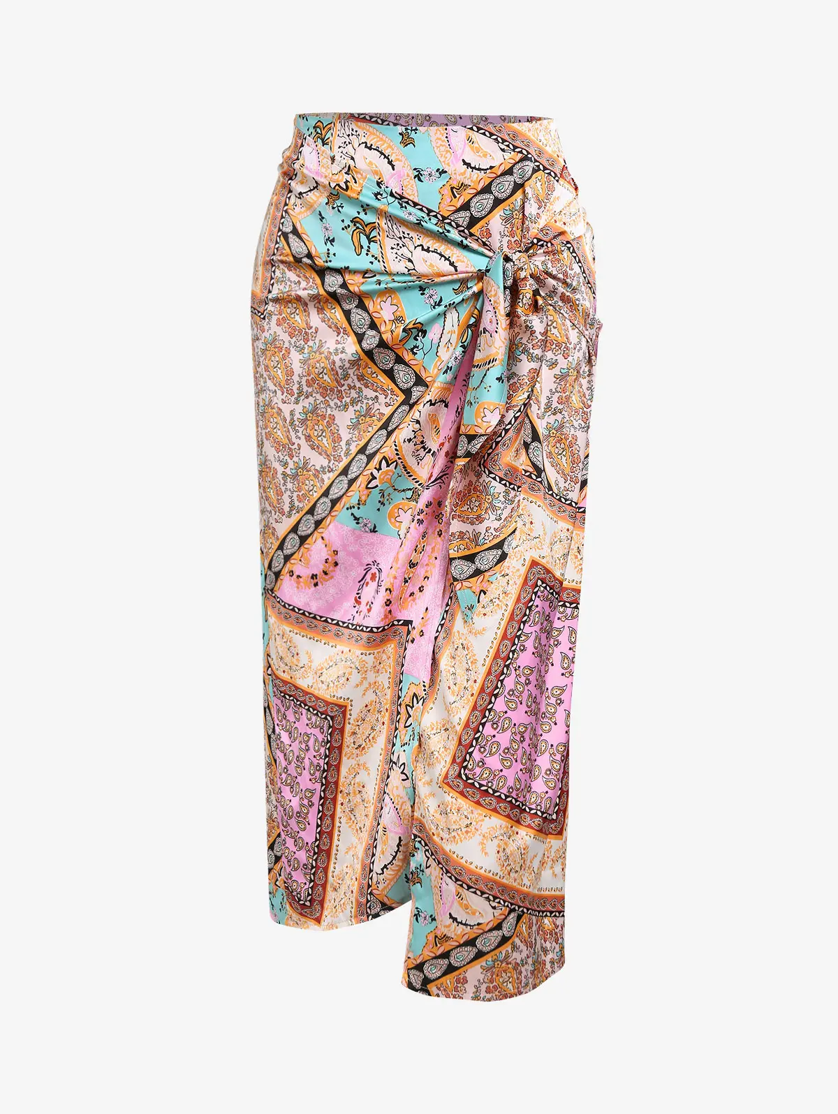 ZAFUL Women's Boho Skirt Asymmetrical Skirts Tied Floral Paisley Printed High Waist Ruched Skirts for Women