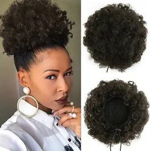 Afro Puff Drawstring Ponytail Extension for Black Women, Medium Brown 60gram Short Synthetic Afro Puff Ponytail for Natural Hair, Clip On Kinky Drawstring Curly Ponytail Bun