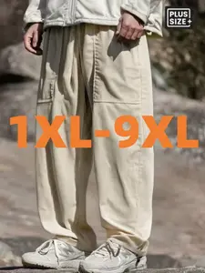 Men's Plus Size Corduroy Sweatpants, Spring Fall Winter Loose Straight Leg Casual Pants, Trendy Sport Design Pure Color, Loose Casual Bottoms, Casual Loose Fit