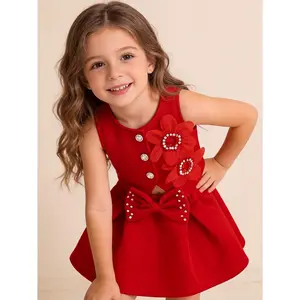 2pcss 2026 Spring/Summer New Girls' Sleeveless Outer Vest Floral Decor Cardigan Tank Top And Large Bow Studded Sequin Skirt Set 2pcs Outfit
