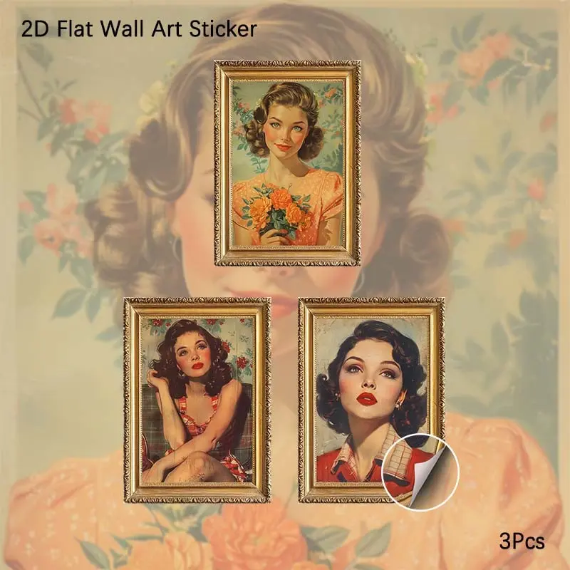 2D Flat Wall Art, 3Pcs PVC Self-Adhesive Framed Wallpaper Sticker, Vintage Pin-up Girl Portrait Wall Decals, Aesthetic Retro Woman Art Wall Decor for Living Room, Bedroom, Vanity, Perfect Gift for Art Lovers, Retro Style Fans