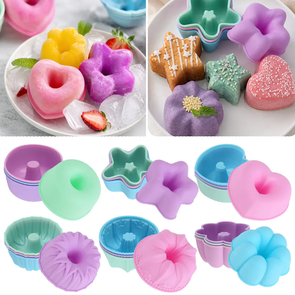 24pcs Food-Grade Non-Stick Silicone Baking Molds - Flexible Multi-Shape (Flower, Heart, Star, Donut, Ring) Bakeware, Heat Resistant Oven-Safe Pan for Mini Cakes, Chocolate, Coffee, Birthday DIY Projects