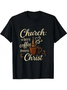 Men's Christian Coffee & Faith T-Shirt - Church Where Coffee Meets Christ Design with Cross & Coffee Cup Graphic, Casual Round Neck Short Sleeve Tee for Church Events, Bible Study & Casual AttireUnisex 2026 Black T-Shirt