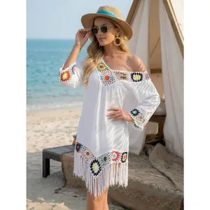 New • Seven-Quarter Sleeve • Crochet Patchwork • Fringe • Beach Dress