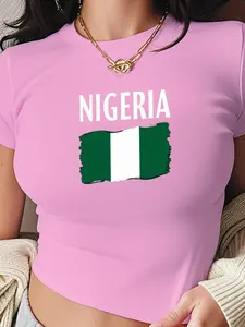 Women's Short Nigerian Flag Print Sports Top, Athletic T Shirt, Fitted Fashion Top for Streetwear, Essential for Parties and Workouts