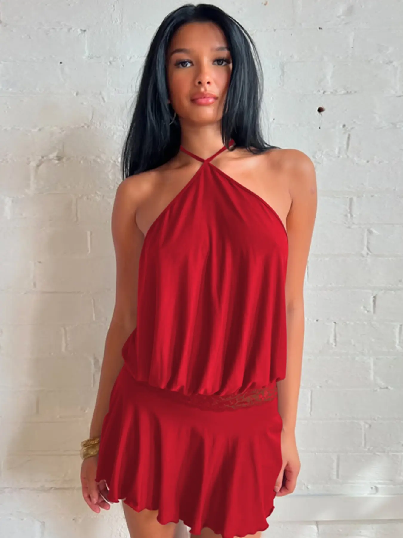 Women's Solid Color Lace Stitching Halter Neck Lace Up Sleeveless Backless Bodycon Slip Dress Plain Cut Women's Solid Color Lace Stitching Halter Neck Lace Up Sleeveless Backless Bodycon Slip Dress Plain Cut