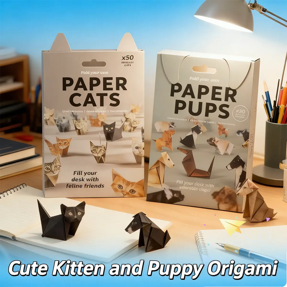 DIY Paper Animal Kit, Papercraft Figures, Craft Kits, Creative Craft Kit, 50 Sheets Origami Paper for Cute Cat & Dog Shapes, Fun Craft Activity for Adults & Kids, Desktop Decor Gift Idea