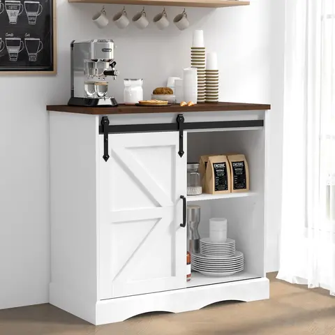 31.5" H/55.1" H Farmhouse Coffee Bar Cabinet w/Storage, White Kitchen Sideboard Buffet Cabinet with Sliding Barn Door, Rustic Accent Console with Adjustable Shelves, for Kitchen, Living Room