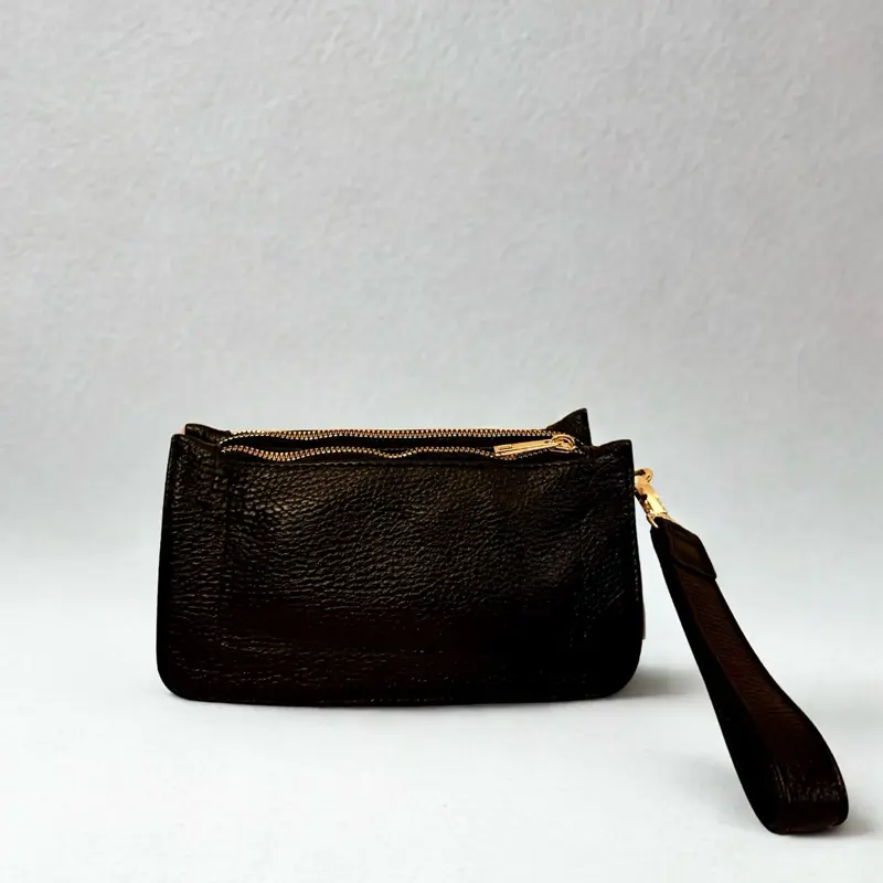Black Leather Clutch Bag with Handle - Three Zipper Compartments, Made in Mexico, Perfect for Everyday Use