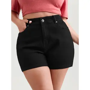 BLOOMCHIC Women's Plus Size High-Rise Denim Shorts - Cotton-Spandex Fabric Basic Bottoms, No-Gap Waist, Stretchy, Pocket-Equipped, M-6X, 2026 Summer Turn-Up Pick for Mothers Fit Womenswear 2026 Summer Vibes