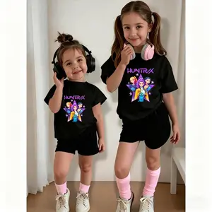 Girls' Casual Short-Sleeve Two-Piece Set, Huntrx Cartoon Print, Slim Fit, All-Season Daily Wear