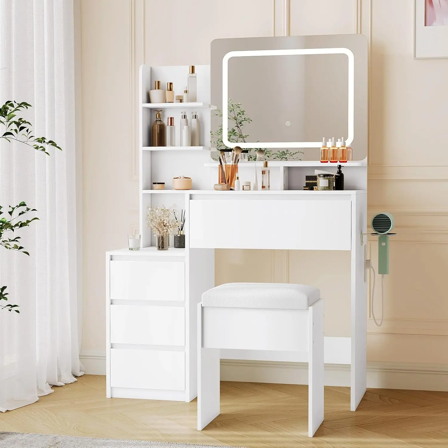 Makeup Vanity with Lights - 36-Inch Vanity Desk - 4 Large Drawers Dresser - 3 Lighting Modes - Stool and Charging Station - Modern Vanity Table for Bedroom - Women - White
