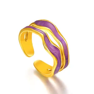 【#601】RTT Fashion Gold Plated Copper Wave Enamel Ring – Adjustable Open Band with Purple Artistic Curve