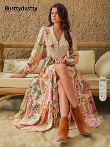 Women's Leaf Print Contrast Lace Button Front Split Thigh Dress, Elegant Bishop Sleeve V Neck Ruffle Hem Long Dress for Holiday Vacation, Ladies Fall & Winter Clothes