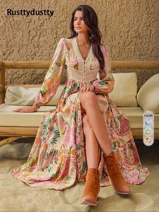 women's leaf print contrast lace button front split thigh dress, bohemian elegant dresses bishop sleeve v neck ruffle hem long dress for holiday vacation, ladies fall & winter clothes, womenswear,  vacation dresses