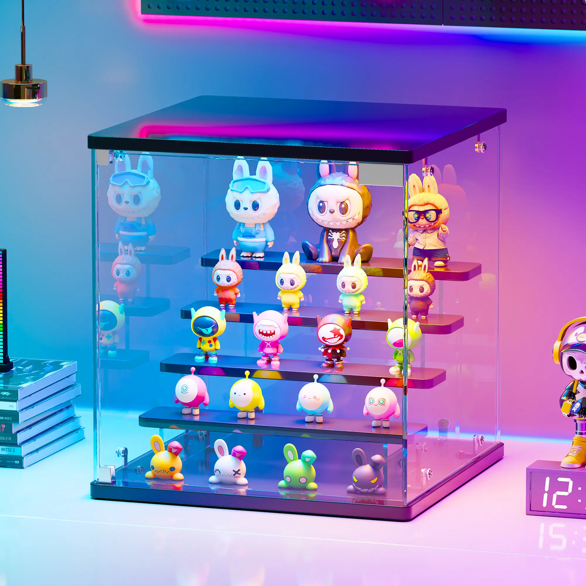 Lvifur Glass Display Case with RGB Lights - for Collectibles, 5-Tier Adjustable Display Box with Music Rhythm, Dustproof Clear Small Showcase for Mini Figures, Car Models, Cards, Miniatures