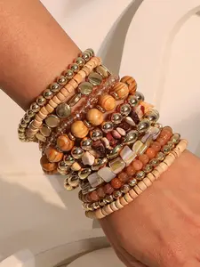 12pcs/Set Bohemian Style Brown Beaded Bracelets, Suitable For Women Vacation, Beach & Daily Wear