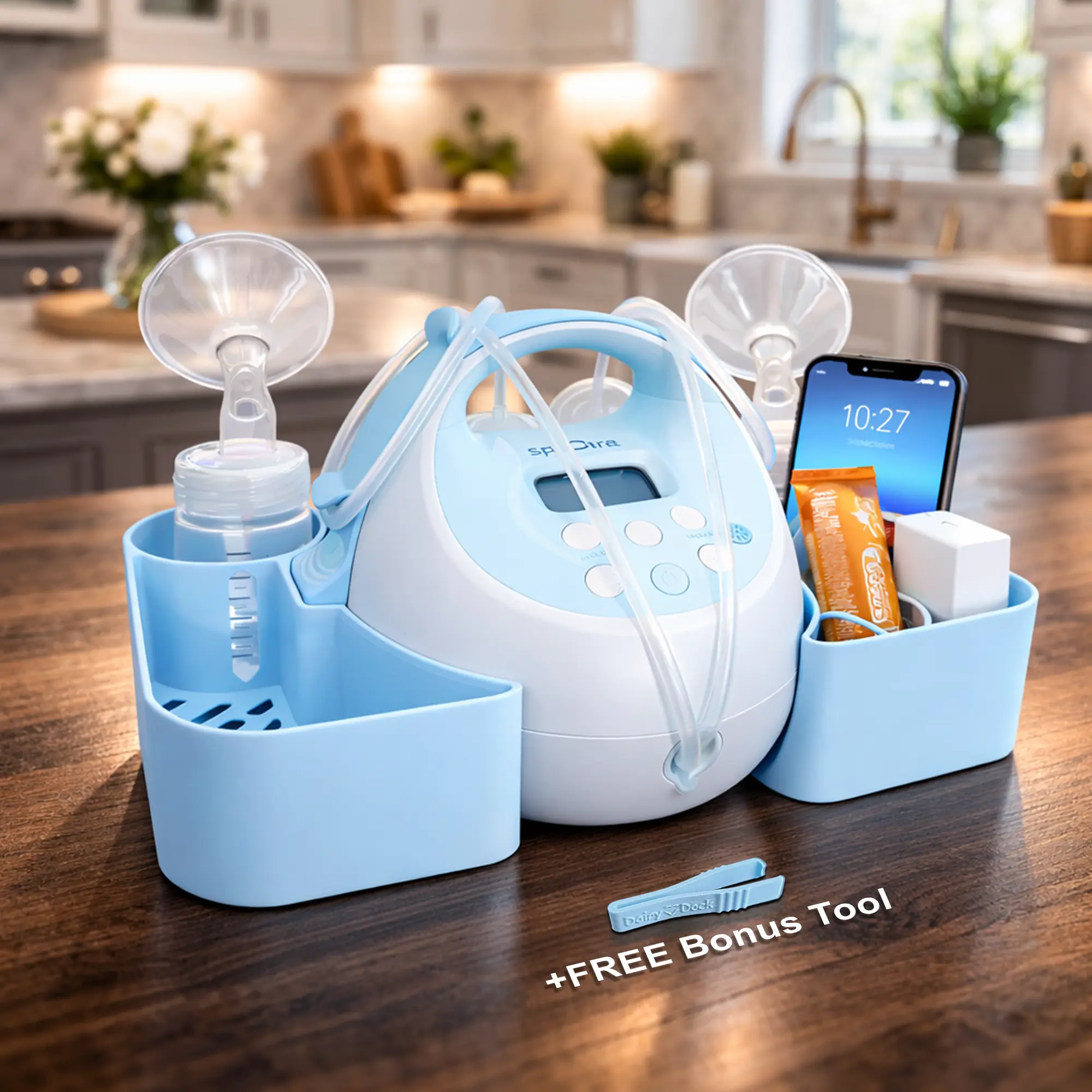 Spectra Pump Caddy Organizer | S1 S2 Bottle Holder & Cord Storage (+FREE Tube Cap Puller) for Newborn Nursing Moms